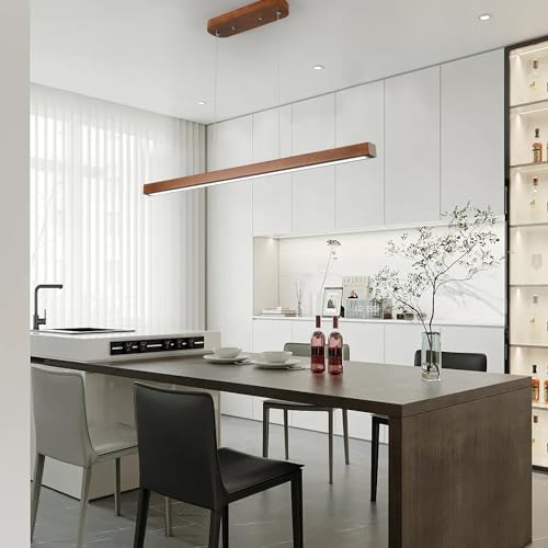 Image of 39 Inch Wood Linear Pendant Light Dimmable LED Kitchen Island Lighting with Remote Adjustable Hanging Chandelier for Dining Room Bar Pool Table 24W Modern Farmhouse Fixture Walnut Color