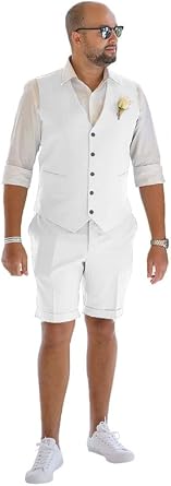 Men Linen Suits Sets 2 Piece for Beach Wedding Prom Party Dress Tuxedos Vest Shorts Suit Set STXZ026