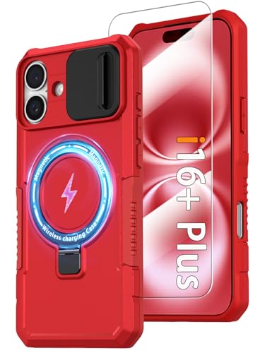 Magnetic Case for iPhone 16 Plus with Ring Stand [Glass Screen Protector] [Compatible with MagSafe] Military Grade Case with Camera Cover, Heavy Duty Shockproof Cover for iPhone 16+ Plus 6.7", Red