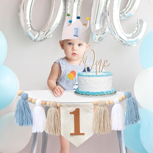 Baby Boy First Birthday Party Decorations Blue High Chair Banner 1st Birthday Crown Cake Topper 1st Decor
