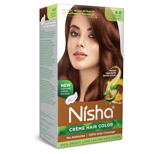 Nisha Creme Permanent Hair Dye, 100% Gray Hair Coverage, Rich & Bright Long Lasting Brown Hair Dye Color Kit, Natural Brown, 120gm / 4.23 Ounce