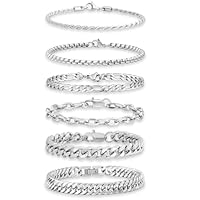 GUJOXILA 6 Stück Silber Herren Armband Edelstahl Armbänder Silber Jungs Kubanische Kette Herrenarmbänder 19cm Länge für Hip Hop Rapper Geschenke für Ehemann Papa Sohn
