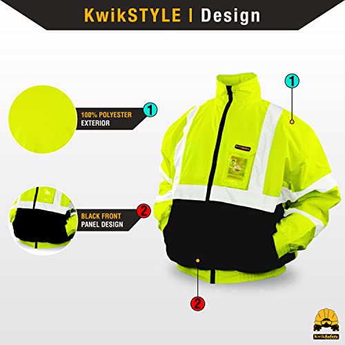 Kwiksafety - Charlotte, Nc - Investigator Bomber Safety Jacket - Foldable Hood - Class 3 Water Resistant Ansi Osha Reflective Gear/Yellow Large #TOP1