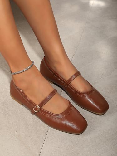 Women's Mary Jane Flat Shoes Square Toe Dressy Ballet Flat for Women Soft Slip On Gold Brown Flats Daily Party Office Shoes with Easy Buckle3