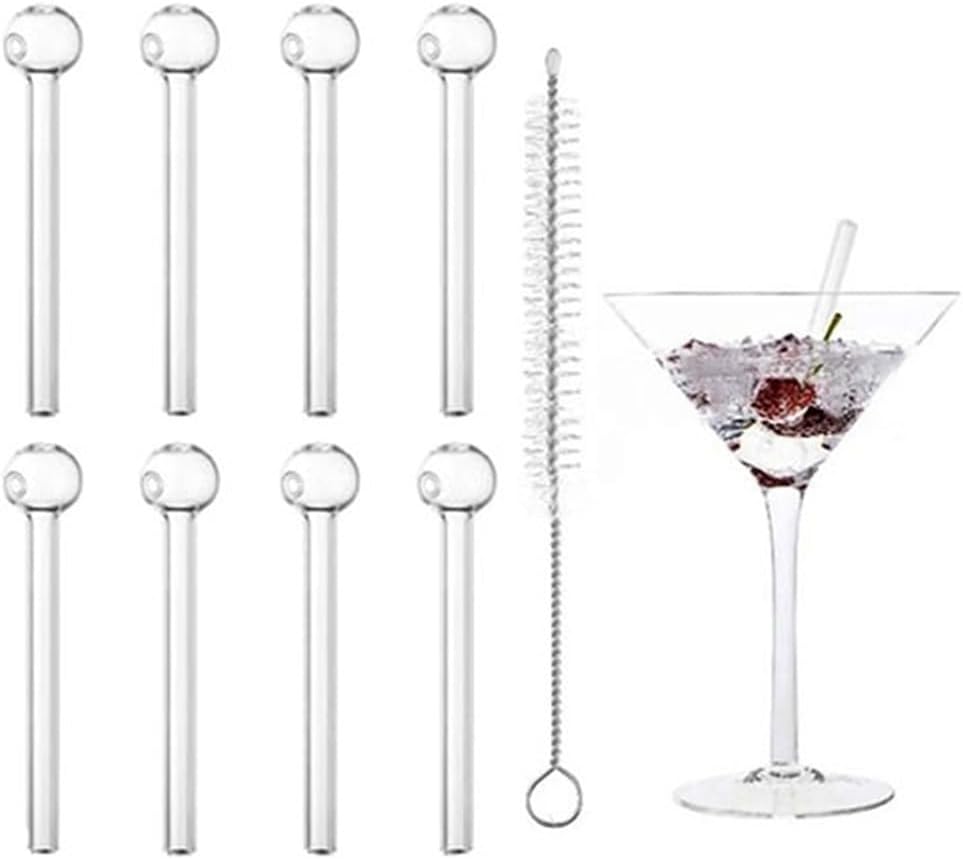 Shatter-Resistant Glass Straw Pipes - Durable Reusable Glass Straws 8 Pack with 1 Cleaning Brushes for Beverages, Herbal Use, Smoothies, Aromatherapy