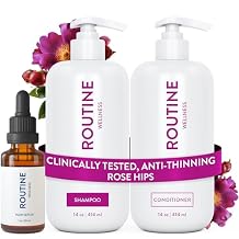 Routine Wellness Shampoo and Conditioner Set and Hair Serum for Stronger Hair - Biotin | Color Safe | Sulfate-Free | Vegan | Clinically Tested | Nourishing Oils and Vitamins - Rose Hips