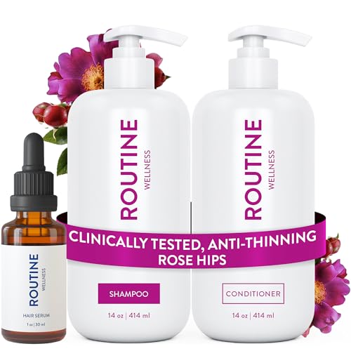 Routine Wellness Shampoo and Conditioner Set and Hair Serum for Stronger Hair - Biotin | Color Safe | Sulfate-Free | Vegan | Clinically Tested | Nourishing Oils and Vitamins - Rose Hips
