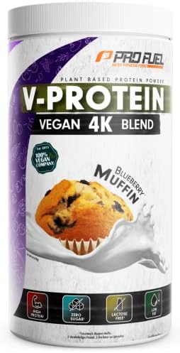 Vegan Protein Pulver BLUEBERRY MUFFIN 750g – V-PROTEIN 4K Blend - Unglaublich lecker & cremig - Aus Sonnenblumen, Soja, Hanfsamen & Kürbiskernen - Pflanzliches Eiweißpulver mit 78%