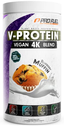 Vegan Protein Pulver BLUEBERRY MUFFIN 750g – V-PROTEIN 4K Blend - Unglaublich lecker & cremig - Aus Sonnenblumen, Soja, Hanfsamen & Kürbiskernen - Pflanzliches Eiweißpulver mit 78% Eiweiß