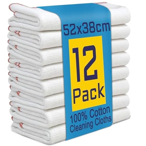 Reusable Jumbo Cleaning Cloths Dish Cloths for Washing Up 12 Pack Kitchen Cleaning Cloth Tea Towels for Kitchen Extra Large Dish Cloths for Washing Up Highly Absorbent White (52X38Cm)
