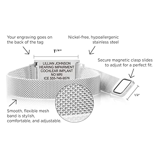 Medical Alert Bracelets For Women And Men, Fully Size Adjustable, Brushed Sandstone And Silver Custom Engraved Id Plate, Easy On And Off Magnetic Closure, Free Engraving, 1 Year Free Warranty, Lauren's Hope Medical Id (Silver) #TOP4