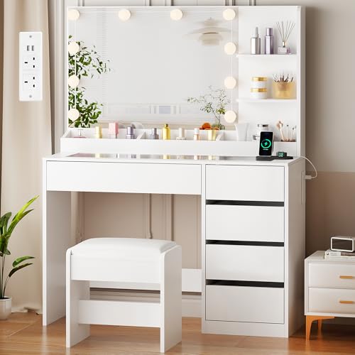 ANWBROAD Dressing Table with Large Mirror and Lights 3-Colour LED Adjustable Brightness Glass Top Vanity Table with Plug and Stool 5 Drawers 5 Open Storage Areas Makeup Desk Bedroom White YBDT74W