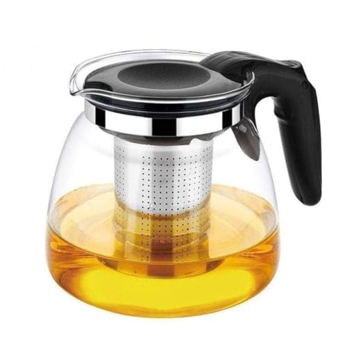 Image of Borosilicate Round Glass Tea Pot with Heat Resistant Stainless Steel Infuser Perfect for Tea and Coffee Maker, Clear Glass Kettle (TEAPOT with Black Handle) 1000ml (roung Kettle)
