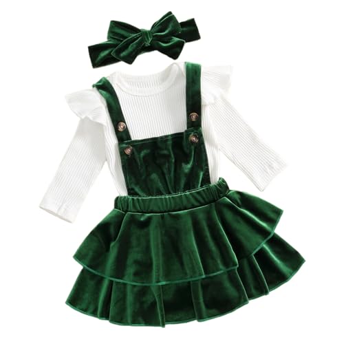 Image of Thorn Tree Newborn Baby Girls Christmas Outfits Long Sleeve Onesie Romper+Velvet Suspender Skirts+Headband Clothes