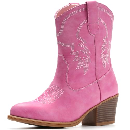 IXU Wide Cowboy Boots for Women Booties Ankle Cowgirl Western Boots Pointed Toe Short Chunky Classic Boots, Pink, 11 Wide