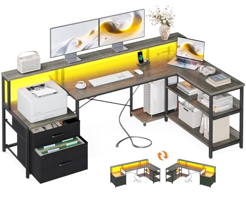 ODK パソコンデスク 引き出し2杯付き ゲーミングデスク コンセント付き l字デスク 机 pcデスク 勉強机 棚付き オフィスデスク ワークデスク 幅172 事務机 在宅勤務 組立簡単 グレー
