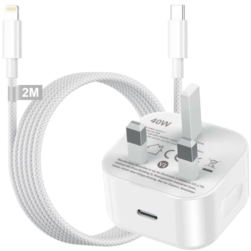 Image of 40W USB C Plug, iPhone Fast Charger Plug UK Type C Charger Wall Charging USB C Power Adapter with 2M USB C to Lightning Cable for Apple iPhone 14/13/12 Mini/11/Pro Max/XS/XR/X/SE/8/7/6 Plus/iPad/iPod