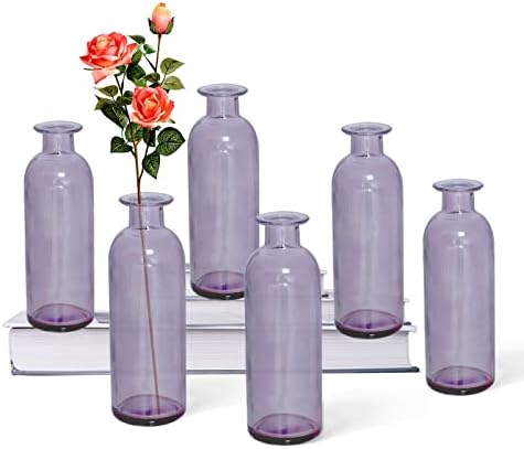 Paisener Bud Vase Set of 6, Small Glass Vase Set, Purple vases for centerpieces, Weddings, Events, Parties, Floral Centerpieces for Home Decor, Mini Vase 6.3" Tall (Purple)