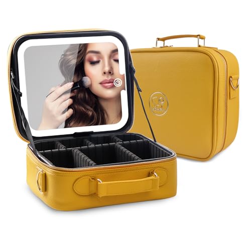Image of MOMIRA Travel Makeup Bag Cosmetic Bag with Lighted Mirror, Adjustable Brightness in 3 Color Scenarios /Detachable makeup mirror, All-round Upgrade, Waterproof, Gift for Women -Yellow