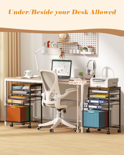 Image of Feyejade Compact 5-Tier Rolling File Cart, Under Desk Metal Filing Cabinet | Printer stand top, sliding mesh trays for binder, letter size file storage, organizer for teachers and home office