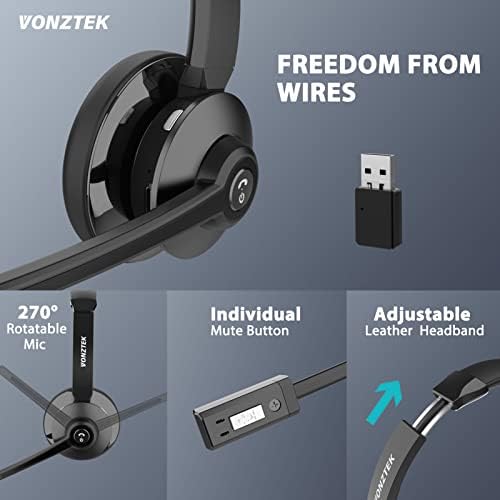Bluetooth Headset, Wireless Headphones with Microphone Noise Canceling, Wireless Headset with Charging Dock & USB Dongle, V5.2 Dual Connect Handsfree for Remote Work/Call Center/Laptop/Skype