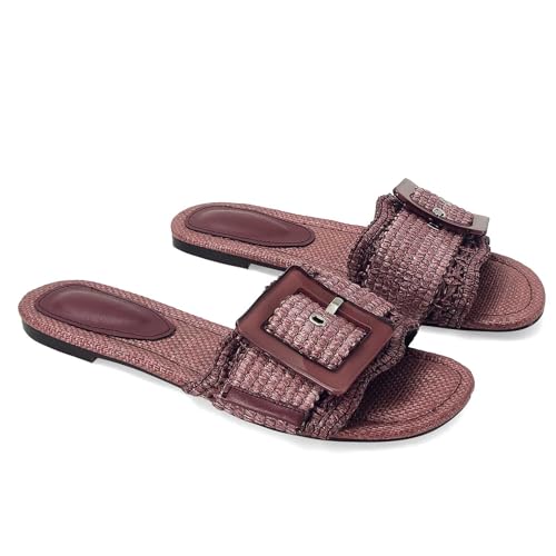 Image of ZJGZF Raffia Sandals for Women Buckle Straw flats Woven Braided Rattan Slides Summer Beach Sandals Comfort Cute Shoes