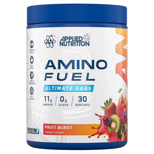 Applied Nutrition Amino Fuel, Polvo de Aminoácidos Esenciales EAA, 390g, 30 Porciones, Sabor Fruit Burst, con BCAAs, Glutamina, Electrolitos, Sin Azúcar