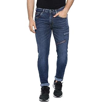 CAHOOT Men' Classic Blue Medium Washed Textured Patterned Regular Fit Denim Jeans Premium Mid Rise Cotton Stretchable