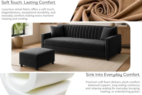 Image of 3-Seater Wooden Sofa Set with Ottoman, Soft Velvet Fabric, Comfortable Couch for Living Room, Office & Apartment - Black Color