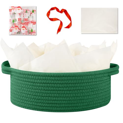 Image of OIAHOMY Gift Basket with Handle, Small Woven Basket with Gift Bag, Ribbon and Wrap Tissue Paper, Nursery Bins Empty to Fill with Small Items, Baby, Pet Toy Organizer - Christmas Green
