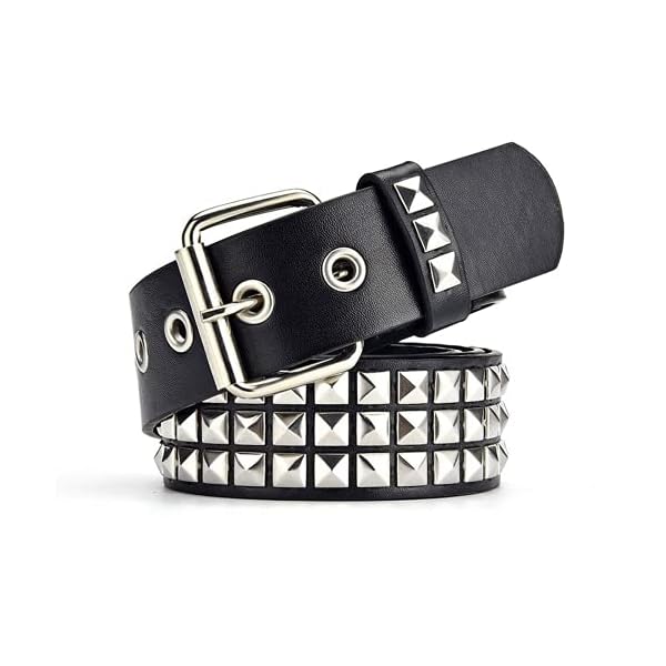 Black Studded Belt Punk Rock Rivet Belt Grommet Threads Belt with Bright Metal Pyramid for Women Men (Black)