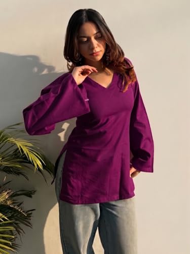 Image of ANNI Designer Short Kurti for Women Solid Design | V Neck Full Sleeve Kurti Tops for Women | Stylish Kurtis & Short Kurtis for Woman | Casual Kurti with Jeans | Kurtas for Woman