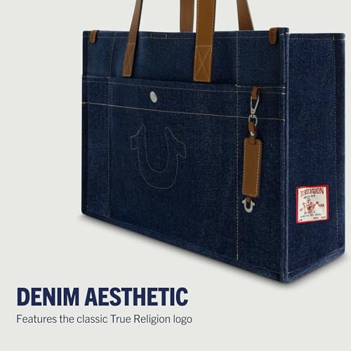 Image of True Religion Women's Large Tote Bag, Stitched Horseshoe Canvas Travel Carryall Shoulder Handbag