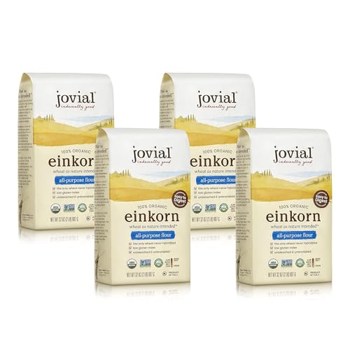 Jovial Organic Einkorn Unbleached All Purpose Flour - Bread Baking Flour for Sourdough, High Protein, Non-GMO, Organic Pizza & Pasta, European Italian, Glyphosate Free - 32 Oz, 4 Pack