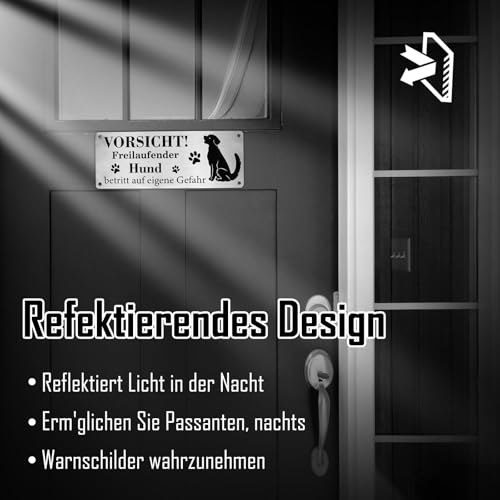 Vorsicht Hund Schild Warnschild für Freilaufenden Hund 25x9cm Selbstklebend Aluminium mit Löchern Schrauben Kabelbinder