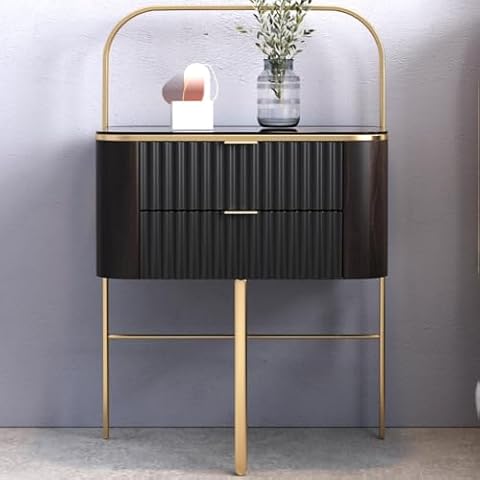Lartis Fluted Nightstand with Gold Frame, Black Night Stand Tempered Glass Top Very Easy to Assemble Bedside Table Cover
