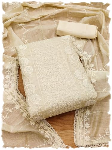 Image of Pandadi Saree Women's Elegant Lucknowi Work with Modal Cotton Chanderi and Embroidered Dupatta Unstitched Dress Material