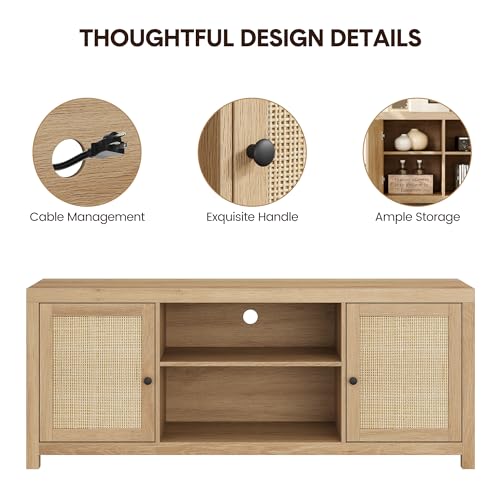 Crevyteg Rattan Tv Stand For 65 Inch, Natural Oak Entertainment Center With Adjustable Shelves, Boho Tv & Media Cabinet 2-Tier Storage For Living Room Bedroom - 4