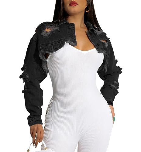 Image of Cropped Denim Jackets for Women Long Sleeve Ripped Crop Top Jean Jackets