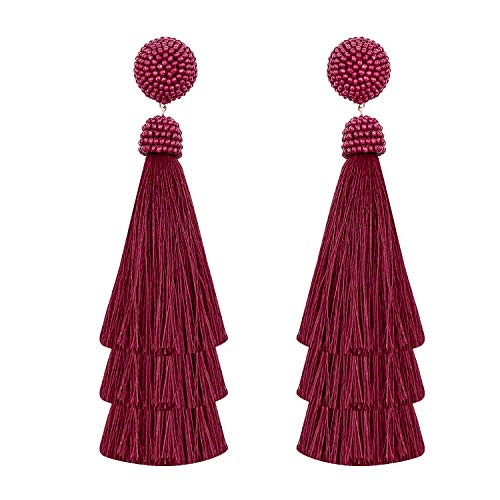 RF RIZIR Fashion BURGUNDY Layered Tassel Earrings Bohemian Eardrop Big Dangle Drop Fashion Jewelry, Tiered Earrings Druzy Stud Dangle Drop Fashion Earrings for Women Teen Girls
