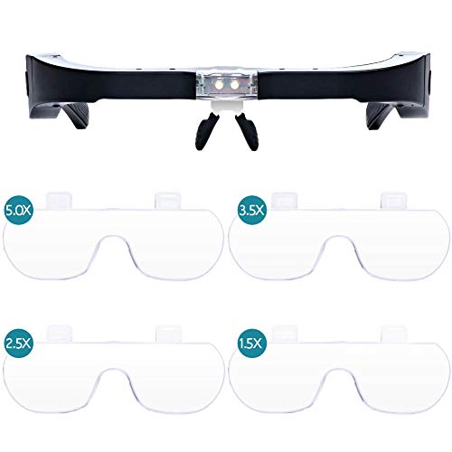 Headband Magnifier, Rechargeable Magnifying Glasses With Light Hands Free Interchangeable Magnification Lenses 1.5X 2.5X 3.5X 5X For Jewelry, Crafts, Cross Stitch #TOP2