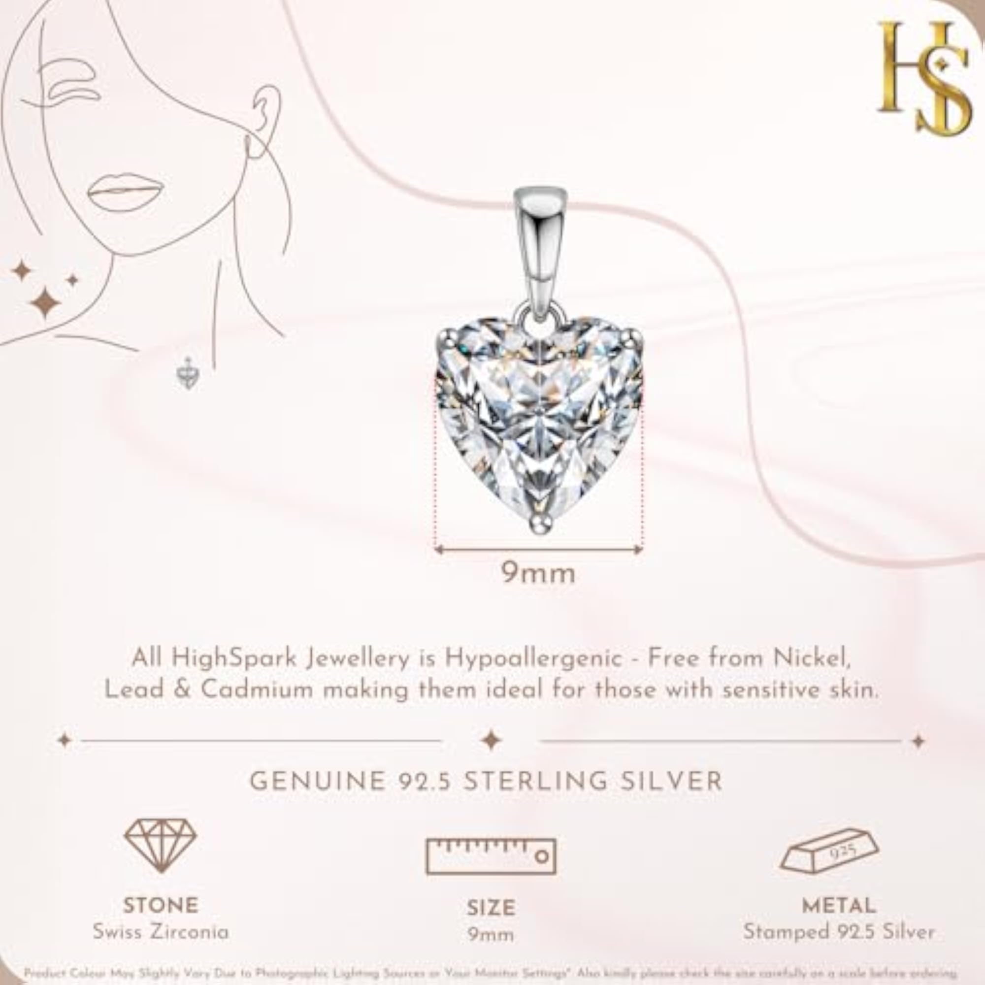 Women's 92.5 Sterling Silver Heart Solitaire Pendant Necklace