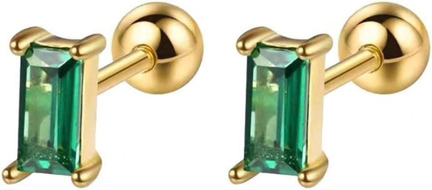 Izpack20G Cubic Zirconia Square 925 Sterling Silver Tiny Stud Earrings Cartilage Piercing Small Ball Screw Helix Back Tragus Hypoallergenic Studs Simulated Emerald Clear Crystal Rectangle Sleeper Earring Cute Jewelry Gifts for Women Teen Girls Birthday