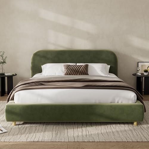 Merax Queen Size Velvet Fabric Upholstered Platform Bed with Curved Shaped Headboard, Wood Bed Frame with Solid Round Legs for Kids Teens Adults, Olive Green