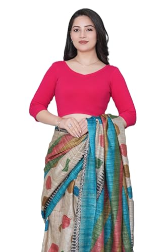 Image of Mlada V-Neck Stretchable Saree Blouse Top for Women | Slim Fit 3 /4th Sleeves Solid Cotton Blouses | Readymade Saree Blouses for Women Festive & Ethnic | Blouse Crop Top