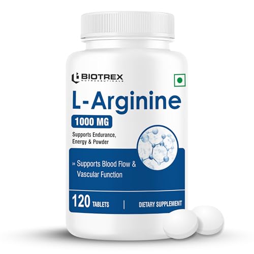 Image of Biotrex Nutraceuticals L-Arginine 1000mg Supplement | Nitric Oxide Booster & Muscle Growth | Blood Flow & Heart Health | Pre Workout | Non-GMO | 120 Tablets
