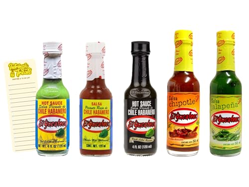 Mexican Hot Sauce Bundle With El Yucateco Green Habanero Sauce x1 Red Habanero Sauce x1 Black Habanero Sauce x1 Chipotle Sauce x1 Jalapeño Sauce x1 and Intrinsic Treats Shopping List Card