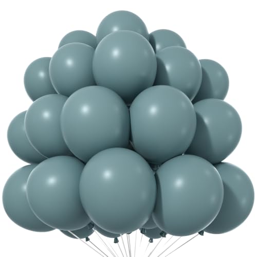 Image of Jobkoo Slate Blue Balloons, 12 Inch 30 Pcs Dusty Dark Teal Latex Matte Retro Sea Fog Helium for Birthday Boho Baptism Baby Shower Party Decorations