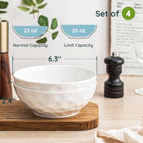HOMBENE Ceramic Serving Bowls, 6.3 Inch, Set of 4, White, Porcelain, Modern, Oven & Microwave Safe, 25.7 oz Capacity - Thumbnail 3