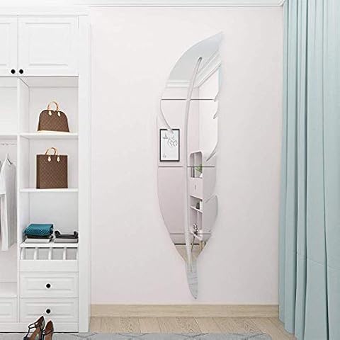 SITAKE 3D Acrylic Mirror Wall Decor Stickers, 11.8x49.2 Inches Feather Shaped DIY Self-Adhesive Wall Art Decals, Home Decorations for Living Room, Bedroom, Bathroom, Farmhouse (Silver) Cover